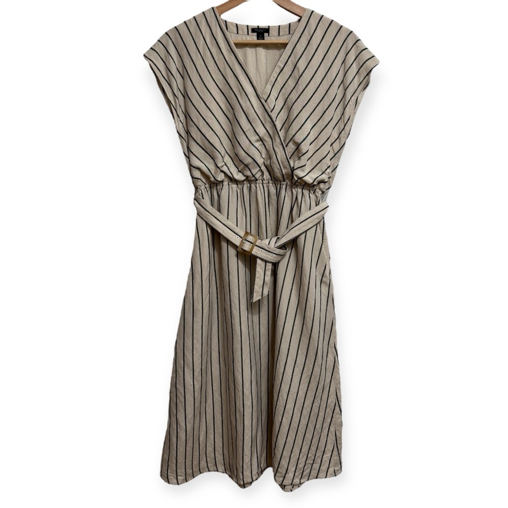 Ann Taylor Linen Cotton Blend Surplice Top Striped Midi Dress XS‎